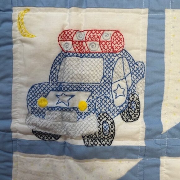 Homemade Embroidered Cross Stitch Baby Boy Blanket Police Fire Dump Truck 39"x26 - Picture 6 of 10